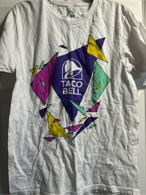 Taco Bell White Graphic Logo Tee with Purple, Yellow & Teal Geometric Art